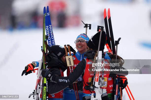 Gold medalists Lisa Vittozzi of Italy, Hannah Auchentaller of Italy, Dorothea Wierer of Italy and Samuela Comola of Italy celebrate after winning the...