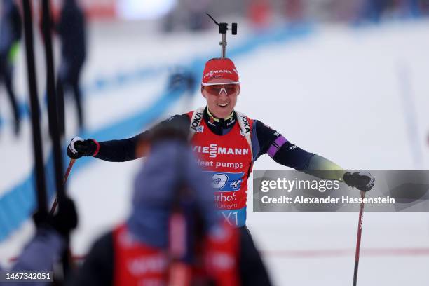 Denise Herrmann-Wick of Germany crosses the finish line for silver for Germany after the Women 4x6 km Relay at the IBU World Championships Biathlon...