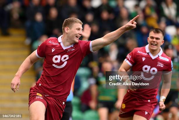 Rob Du Preez of Sale Sharks celebrates after scoring his sides 3rd try during the Gallagher Premiership Rugby match between Northampton Saints and...