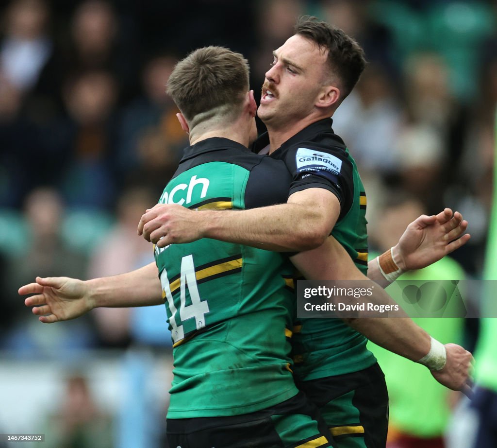 James Craig Rugby James of Northampton Saints celebrates with team mate Tommy Freeman ...