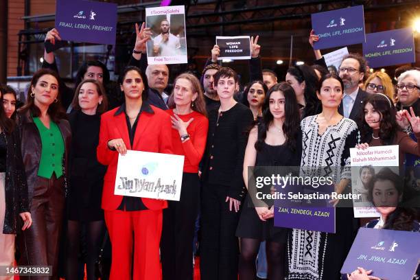 Executive Director of the Festival Mariëtte Rissenbeek and President of the International Jury Kristen Stewart are seen at a protest in support for...