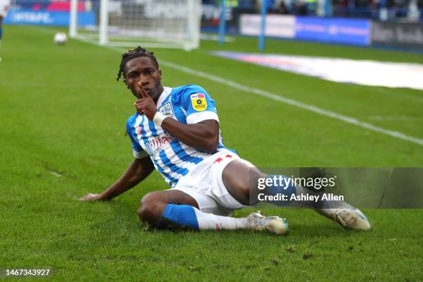 Joseph Hungbo of Huddersfield Town celebrates scoring his team's first goal during the Sky Bet Championship between Huddersfield Town and Birmingham...