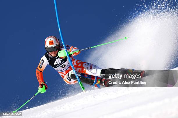 Petra Vlhova of Slovakia competes in their first run of Women's Slalom at the FIS Alpine World Ski Championships on February 18, 2023 in Meribel,...