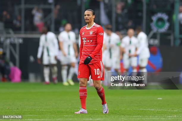 Leroy Sane of FC Bayern Munich looks dejected after Jonas Hofmann of Borussia Moenchengladbach scores the team's second goal during the Bundesliga...