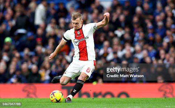 James Ward-Prowse of Southampton scores from a free kick to put his team 1-0 up during the Premier League match between Chelsea FC and Southampton FC...