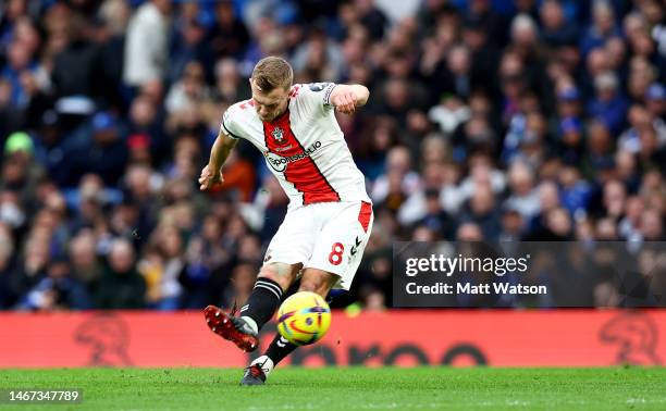 James Ward-Prowse of Southampton scores from a free kick to put his team 1-0 up during the Premier League match between Chelsea FC and Southampton FC...