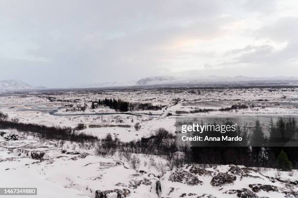landscape of thingvellir national park in winter covered with snow - nationaal park pingvellir stockfoto's en -beelden