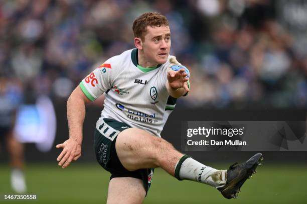 Paddy Jackson of London Irish kicks during the Gallagher Premiership Rugby match between Bath Rugby and London Irish at Recreation Ground on February...