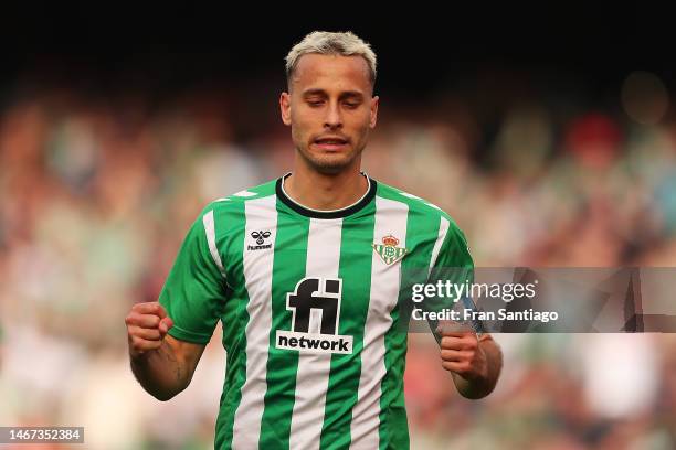 Sergio Canales of Real Betis celebrates after scoring the team's second goal from the penalty spot during the LaLiga Santander match between Real...