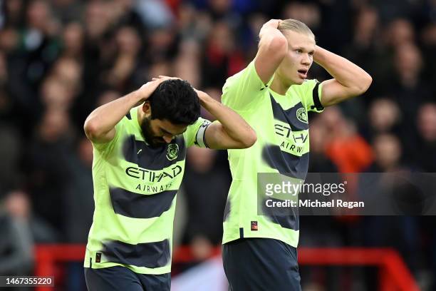 Ilkay Guendogan reacts after Erling Haaland of Manchester City misses an opportunity on goal during the Premier League match between Nottingham...