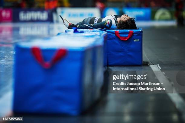 Seitaro Ichinohe of Japan reacts in the Men's 5000m during the ISU World Cup Speed Skating Final at Arena Lodowa on February 18, 2023 in Tomaszow...