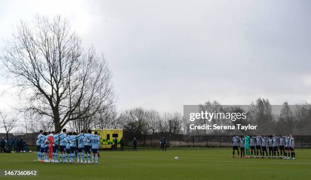 Players huddle for a minutes silence in respect of Ex Newcastle Player Christian Atsu's passing in the Turkey Earthquakes during a friendly match...