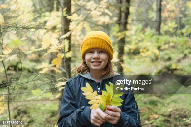 portrait of cute teenage girl holding yellow leaves in forest on autumn day - young leafs stockfoto's en -beelden