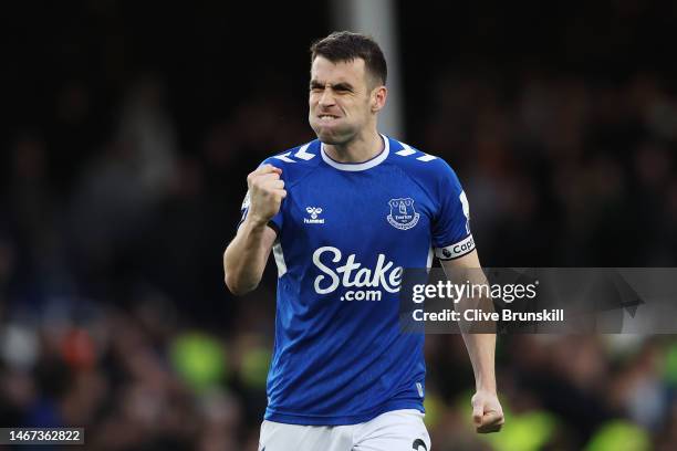 Seamus Coleman of Everton celebrates the side's victory after the Premier League match between Everton FC and Leeds United at Goodison Park on...