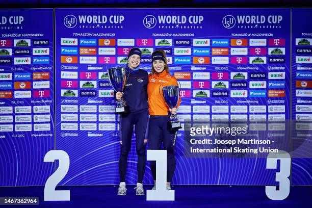 Ragne Wiklund of Norway and Antoinette Rijpma - de Jong of Netherlands pose in the Women's 1500m World Cup overall classification medal ceremony...