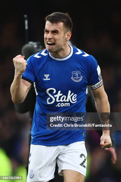 Seamus Coleman of Everton celebrates at full-time following the Premier League match between Everton FC and Leeds United at Goodison Park on February...