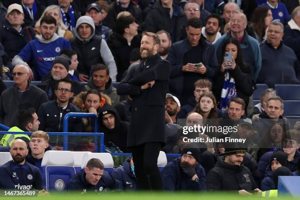 Graham Potter, Manager of Chelsea, looks on during the Premier League match between Chelsea FC and Southampton FC at Stamford Bridge on February 18,...