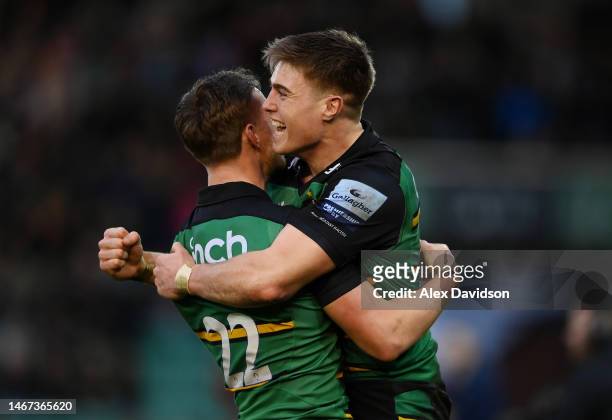 Tommy Freeman of Northampton Saints celebrates with Rory Hutchinson after the Gallagher Premiership Rugby match between Northampton Saints and Sale...