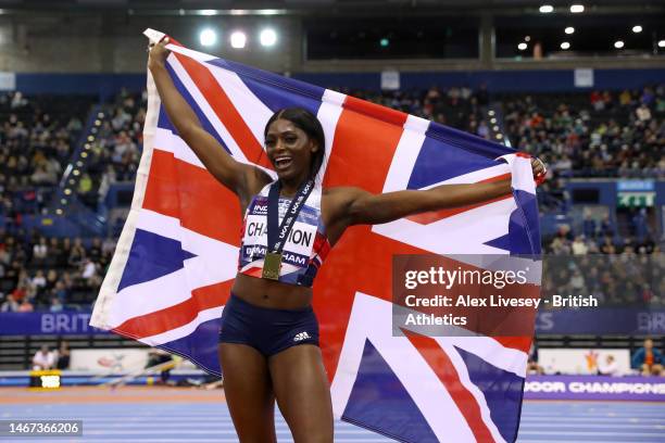 Daryll Neita of Great Britain celebrates after winning the Women's 60m final during day one of the UK Athletics Indoor Championships at Utilita Arena...