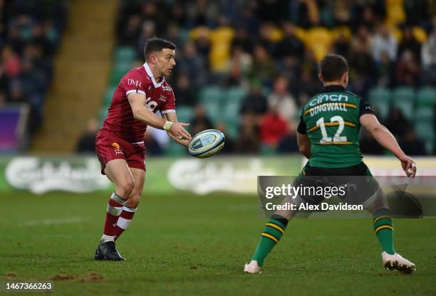George Ford of Sale Sharks passes during the Gallagher Premiership Rugby match between Northampton Saints and Sale Sharks at Franklin's Gardens on...