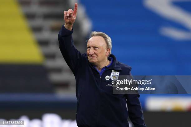 Manager of Huddersfield Town, Neil Warnock celebrates winning during the Sky Bet Championship between Huddersfield Town and Birmingham City at John...