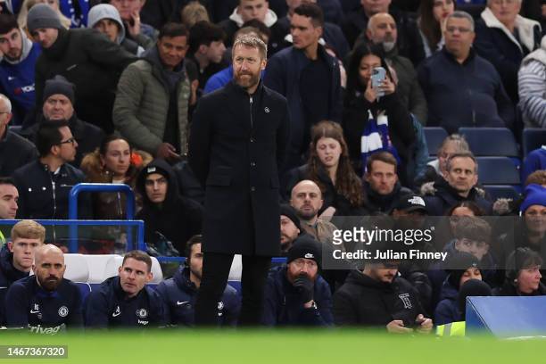 Graham Potter, Manager of Chelsea, reacts during the Premier League match between Chelsea FC and Southampton FC at Stamford Bridge on February 18,...