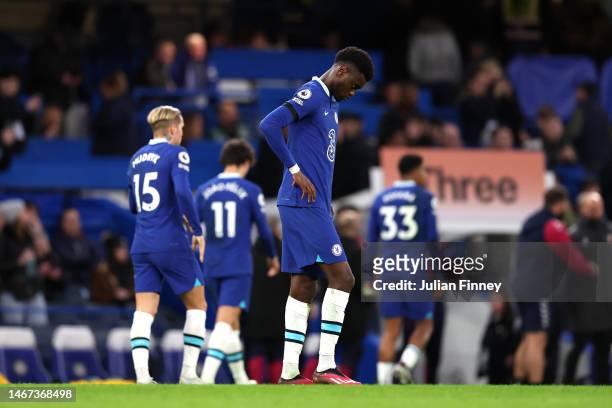 Benoit Badiashile of Chelsea reacts during the Premier League match between Chelsea FC and Southampton FC at Stamford Bridge on February 18, 2023 in...