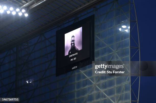 The LED board shows an image of former Premier League player Christian Atsu, who was recovered from the rubble of his home in Hatay following the...