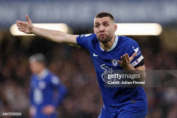 Mateo Kovacic of Chelsea reacts during the Premier League match between Chelsea FC and Southampton FC at Stamford Bridge on February 18, 2023 in...