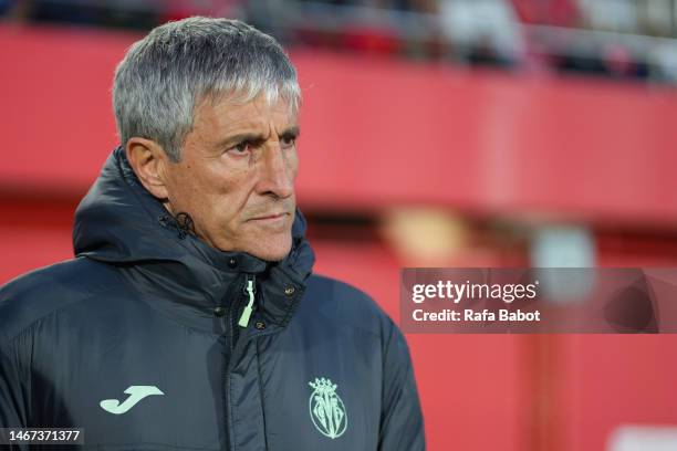 Quique Setien, Manager of Villareal FC looks on prior to the LaLiga Santander match between RCD Mallorca and Villarreal at Visit Mallorca Estadi on...