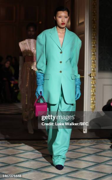 Model walks the runway at the Roksanda show during London Fashion Week February 2023 on February 18, 2023 in London, England.