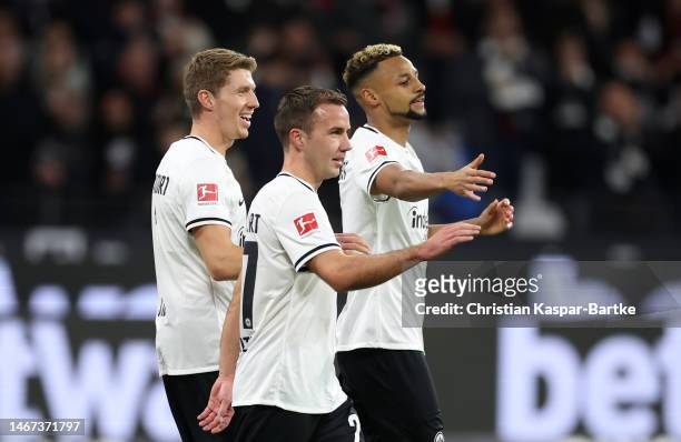 Kristijan Jakic of Eintracht Frankfurt celebrates with teammates after SV Werder Bremen concede an own goal, the first goal for Eintracht Frankfurt,...