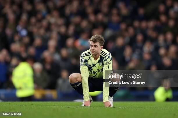 Patrick Bamford of Leeds United looks dejected after their side's defeat in the Premier League match between Everton FC and Leeds United at Goodison...