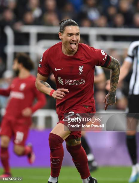 Darwin Nunez of Liverpool celebrates after scoring the first goal during the Premier League match between Newcastle United and Liverpool FC at St....