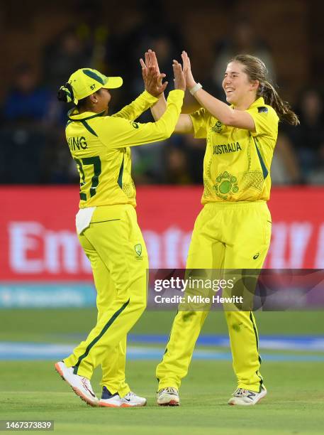 Georgia Wareham of Australia celebrates the wicket of Chloe Tryon of South Africa with team mate Alana King during the ICC Women's T20 World Cup...