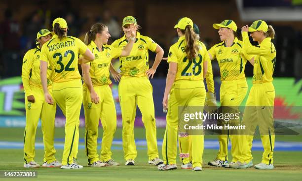 Georgia Wareham of Australia celebrates the wicket of Chloe Tryon of South Africa with team mate Alana King during the ICC Women's T20 World Cup...