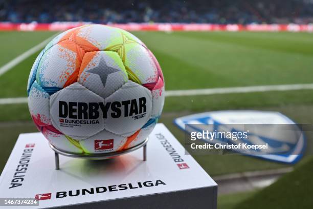 The official Derbystar ball prior to the Bundesliga match between VfL Bochum 1848 and Sport-Club Freiburg at Vonovia Ruhrstadion on February 18, 2023...