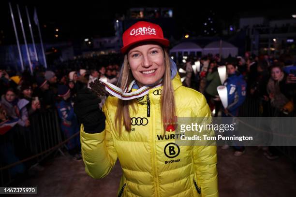Bronze medalist Lena Duerr of Germany poses for a photo during the medal ceremony for Women's Slalom at the FIS Alpine World Ski Championships on...