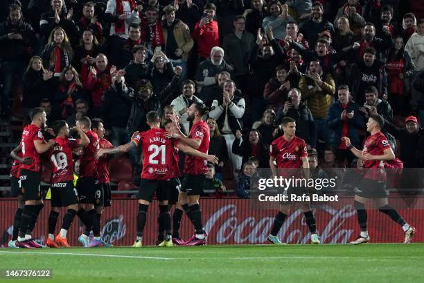 Tino Kadewere of RCD Mallorca celebrates scoring his side's first goal with his teammates during the LaLiga Santander match between RCD Mallorca and...