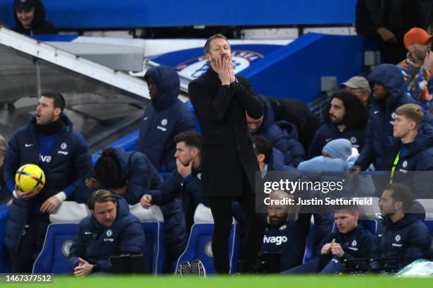 Graham Potter, Manager of Chelsea looks dejected during the Premier League match between Chelsea FC and Southampton FC at Stamford Bridge on February...