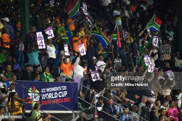 Spectators react in the crowd during the ICC Women's T20 World Cup group A match between South Africa and Australia at St George's Park on February...