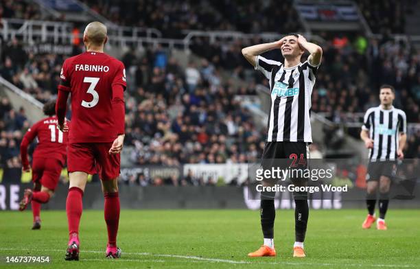 Miguel Almiron of Newcastle United reacts during the Premier League match between Newcastle United and Liverpool FC at St. James Park on February 18,...