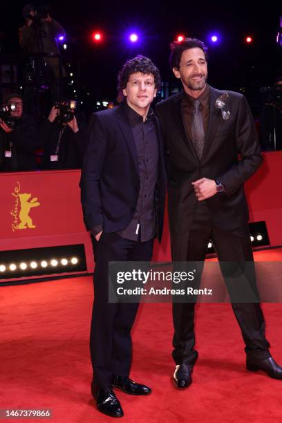 Jesse Eisenberg and Adrien Brody attend the "Manodrome" premiere during the 73rd Berlinale International Film Festival Berlin at Berlinale Palast on...