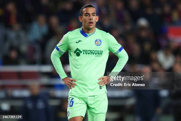 Angel Algobia of Getafe CF looks on during the LaLiga Santander match between FC Barcelona and Getafe CF at Spotify Camp Nou on January 22, 2023 in...