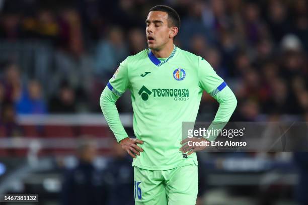 Angel Algobia of Getafe CF looks on during the LaLiga Santander match between FC Barcelona and Getafe CF at Spotify Camp Nou on January 22, 2023 in...