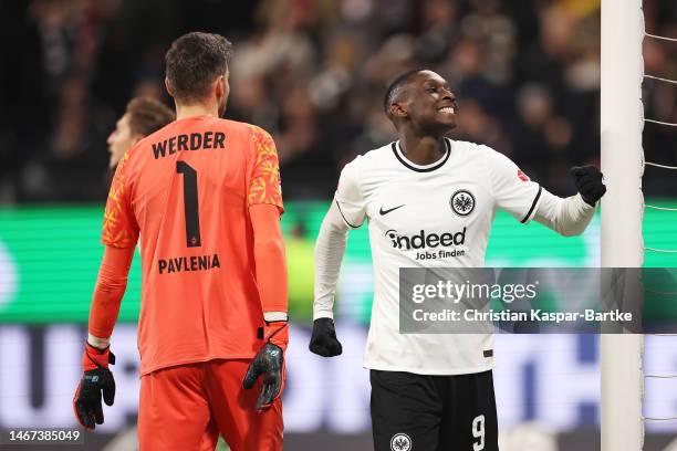 Randal Kolo Muani of Eintracht Frankfurt celebrates after scoring the team's second goal during the Bundesliga match between Eintracht Frankfurt and...