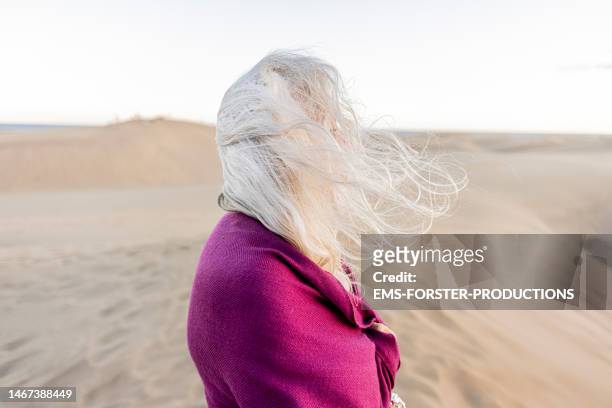 portrait of beautiful senior woman standing in sand dunes - covering gray hair stock pictures, royalty-free photos & images