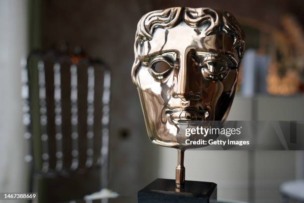 Mask is displayed ahead of the EE BAFTA Film Awards 2023 at The Savoy Hotel on February 18, 2023 in London, England. The EE BAFTA Film Awards will...