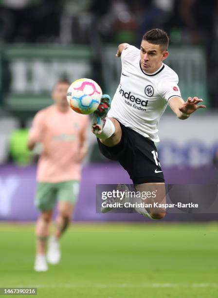 Rafael Santos Borre of Eintracht Frankfurt controls the ball during the Bundesliga match between Eintracht Frankfurt and SV Werder Bremen at Deutsche...