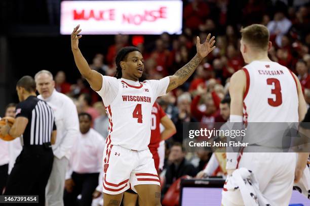 Kamari McGee of the Wisconsin Badgers reacts after a Wisconsin Badgers run in the second half of the game at Kohl Center on February 18, 2023 in...